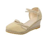 Genérico Sandalias Alpargatas de Cuña Mujer de Lona de Yute Verano Plataforma Zapatos con Punta Cerrada Brida Tobillo Alpargatas Mujer en Esparta Crochet para Trabajo y Traje Vestida, C Beige, 38 EU