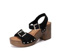 Genérico Sandalias Blancas de Tacon Anchas Confort Mujer Sandalias Retro de Tacón Grueso Con Ante para Mujer,Con Hebilla Ajustable,Cinturón Una Palabra,Cuñas Negras Zapatos (Black,38)