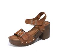 Genérico Sandalias Blancas de Tacon Anchas Confort Mujer Sandalias Retro de Tacón Grueso Con Ante para Mujer,Con Hebilla Ajustable,Cinturón Una Palabra,Cuñas Negras Zapatos (Brown,36)