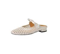 Genérico Sandalias casuales planas para mujer con puntera cuadrada diseño tejido hueco con adorno de perlas una sola tira y tacón bajo en bloque (Beige,36)
