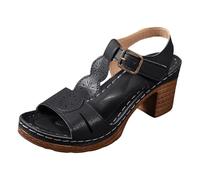 Genérico Sandalias cómodas redondas para mujer, sandalias sueltas, casuales y de moda, abiertas, tallas grandes para mujer, cómodas para pies, sandalia de ante vintage con tacón cuadrado, Le Noir