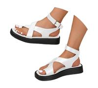Genérico Sandalias cómodas suela gruesa y color sólido para mujer con cinturón hueco sandalias anchas para mujer que trabaja de pie a la moda con tiras finas efecto metalizado para noche, blanco, 41