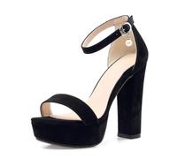 Genérico Sandalias de Plataforma Colgante Perla para Mujer Tacón Ancho Alto Punta Abierta Correa Tobillo Ajustable Hebilla Parte Superior Ante Elegantes,Negro,34 EU