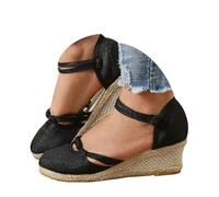 Generico Sandalias de verano para mujer elegantes con cuña y hebilla ajustable, sandalia estilo alpargata, zapatos de cuña con cierre de punta cerrada en el tobillo, tacón de cuña de goma y piel