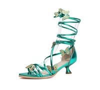Genérico Sandalias Mujer con Cordones Envolventes, Punta Abierta con Decoración De Mariposa, Tacón Kitten Medio, Zapatos Elegantes para Boda, Fiesta Y Graduación,Verde,36 EU