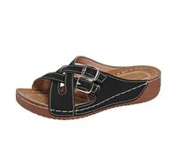Genérico Sandalias Mujer Con Cuña De Pez Zapatos Verano Para Mujer Punta Abierta Una Palabra Tacón Cuña Gruesa Pantuflas Hebilla Cinturón Casuales Verano Zapatos Ortopedicos Playa Negro 38