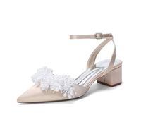 Genérico Sandalias Mujer Novia Perlas Punta Fina Tacón Medio Grueso Correa Al Tobillo Slingback Elegantes Fiesta Boda Graduación Noche,Champagne,36 EU