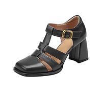 Genérico Sandalias Mujer Planas Cómodas Sandalias Marrones Zapatos de Tacón para Mujer,Zapatos Huecos Retro Literarios A La,de Tacón Grueso Cuero Sandalia Cerradas Verano (Black,39)