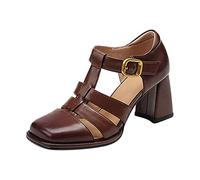 Genérico Sandalias Mujer Planas Cómodas Sandalias Marrones Zapatos de Tacón para Mujer,Zapatos Huecos Retro Literarios A La,de Tacón Grueso Cuero Sandalia Cerradas Verano (Brown,38)