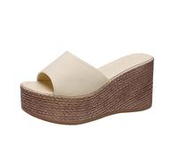 Genérico Sandalias Mujer Plataforma Pies Anchos de Verano Pantuflas de Una Línea con Tacón Inclinado Verano Para Mujer con Pantuflas Parte Inferior Matsuke Sandalias Montaña (Beige,37)