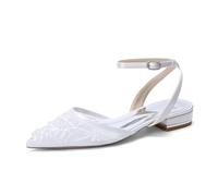 Genérico Sandalias Mujer Slingback Novia Encaje Blanco Y Perlas Punta Fina Correa Al Tobillo Zapatos Elegantes Fiesta Boda Graduación Noche,Blanca,37 EU