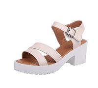 Genérico Sandalias Mujer Verano Tacon Pies Anchos Negras Zapatos de Encaje para Mujer Tacones Casuales Sandalias de Gruesas Y Transpirables Sandalia Cerradas (Beige,42)