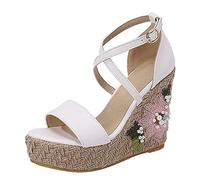 Genérico Sandalias Negras Mujer Cómodas Zapatos de Verano 2026 Nuevas Sandalias Bohemias A de Agua Tacón Inclinado Edición Coreana Grande Tacó Deportivas Zapatos (White,42)