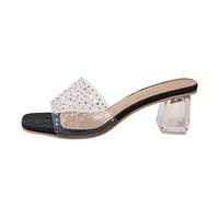 Genérico Sandalias Negras Tacon Anchas Sandalias Negras Zapatillas de Tacón Gruesas de con Punta Abierta Y Cabeza Cuadrada Decorativa con Imitación Pvc Transparente Sandalia (Black,38)