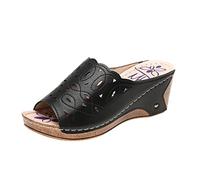 Genérico Sandalias Planas Negras Sandalias Mujer Cómodas Romanas de Cuña con Puntera Abierta Y Recorte de Cuero Color Sólido A La para Mujer Cuñas Verano Zapatos Cuña (Black,38)