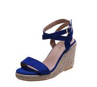 Genérico Sandalias Playa Mujer Pies Anchos Zapatos Verano Zapatos de Cuña Transpirables con Hebilla de Paja,Sandalias con Correa Gamuza Pescado,Paja Cerradas (Blue,40)