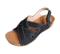 Genérico Sandalias retro de verano con tacón inclinado para mujer modelos de fondo grueso con hebilla y punta puntiaguda tono liso adecuado para tallas grandes, Le Noir, 37 EU
