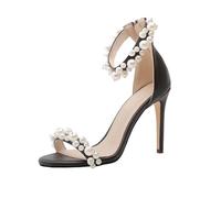 Genérico Sandalias Stiletto con Perlas para Mujer Correa Tobillo Tacón de Aguja Alto Punta Abierta Cremallera Trasera Zapatos de Novia Dama de Honor Boda,Negro,37 EU