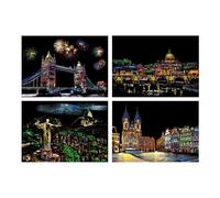 Genérico Scratch Off Art, Scratch Painting Kit, Engraving Craft Night View Scratchboard, 4 Sheets City Building Pattern A4 Sketch Card with Pen, Paper Material, 8.27x11.42 Inches, 120g