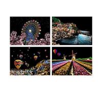 Genérico Scratch Off Art, Scratch Painting Kit, Engraving Craft Night View Scratchboard, 4 Sheets City Building Pattern A4 Sketch Card with Pen, Paper Material, 8.27x11.42 Inches, 120g