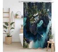 Genérico Secado Rápido Lavable Realismo Cortina de Ducha Villa Mar Barco,De Tela de poliéster Que se Adapta Perfectamente a Cualquier decoración de baño Shower Curtain 122An x 183Al cm,Verde Cian