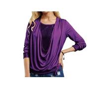 Genérico Sequin Loose Smocked Fake Two-Piece Top, Long Sleeve Daped Ruched Sparkle Shirts, Casual Sparkle Party Shirt for Women, Deep V Neck Color Block Blouse (Purple,3XL)