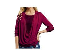 Genérico Sequin Loose Smocked Fake Two-Piece Top, Long Sleeve Daped Ruched Sparkle Shirts, Casual Sparkle Party Shirt for Women, Deep V Neck Color Block Blouse (Wine Red,L)