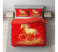 Genérico Set copripiumino in Morbida Microfibra Copripiuminos Rosso Oro, couripiumino 200 x 220 + federa 2 x 50 x 70,Pittura A Inchiostro Cavallo Acqua,Facile da pulire,Easy Cura,Ipoallergenico