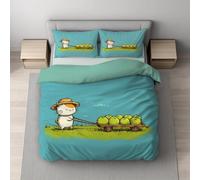 Genérico Set copripiumino in Morbida Microfibra Copripiuminos Turchese, couripiumino 220 x 240 + federa 2 x 50 x 70,Cartone Animato Gatto Carretto A Mano,Facile da pulire,Easy Cura,Ipoallergenico