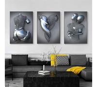 Genérico Set de 3 lienzos abstractos de pareja plateada, impresión de amantes abrazados con textura de malla metálica, para decoración de salón y dormitorio(30 * 40cm)