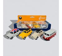 Genérico Set de 4 Coches Clásicos en Miniatura, Mini Cooper 1300, Citroën 2CV, Renault 4L y Volkswagen T1 Bus, Colección Vintage