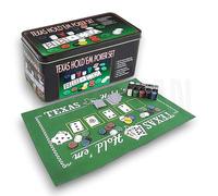 Genérico Set de Póker Texas Hold'em con 200 Fichas, 2 Barajas de Cartas, Tapete de Juego, Botón Dealer, Caja de Metal