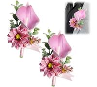 Genérico Set of 2 Pink Calla Lily Boutonniere for Men Wedding Artificial Flower Corsage for Groom Groomsman Handmade Real Touch Floral Decor for Homecoming Prom Suit Party Anniversary