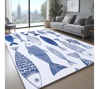 Genérico Shaggy Alfombra LíNeas Minimalista PatróN De Pez Suave y Esponjosa Alfombra Salon para Sala de Estar Dormitorio Azul Blanco, 120 x 160 cm