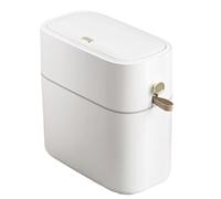 Genérico Small Trash Can, Lidded Bin, Compact Lightweight Secure Lid Space Efficient Portable Drawstring Friendly, Trash Bin for Bathroom Kitchen Bedroom, 11.02x5.91x*11.42Inches, White, Beige