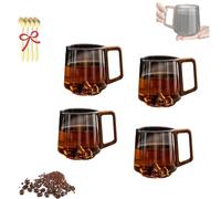 Genérico Smokey Gray Glass Slanted Coffee Cups With Wooden Handle, Creative Wonder Mountain Bottom Wood Handle Cup, for Latte, Cappuccino, Hot & Cold Drinks (4PCS)
