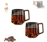 Genérico Smokey Gray Glass Slanted Coffee Cups With Wooden Handle, Creative Wonder Mountain Bottom Wood Handle Cup, for Latte, Cappuccino, Hot & Cold Drinks (2PCS)