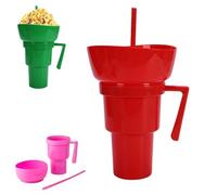Genérico Snack and Drink Combo Cup, Bowl and Drink Cup Combo, 2-In-1 Snack Cups And Drinks Tumbler, Popcorn Cups with Handle with Straw (red)