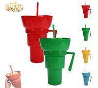 Genérico Snack and Drink Cup Combo, Bowl and Drink Cup Combo, 2-In-1 Snack Cups And Drinks Tumbler, Reusable, Popcorn Cups with Handle, for Men & Women (Red+Green)
