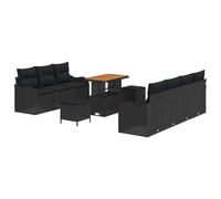 Genérico Sofá Jardín Poli Rattan Negro 10 Piezas con Cojín | Modular, patas regulables, almacenamiento integral, bolsas impermeables, acero tratado, madera acacia