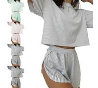 Genérico Softair Loungewear, Softair Split Short Pajama Set, Woman'S Striped Soft & Seductive Pajama Set (Gray,12 años)