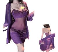 Genérico Solid Color Lace Sexy Nightgown with Sheer Robe,Women Sexy V-Neck Floral Mini Slip Dress,Elegant Lace Trim Mesh Sleep Dress (Purple, L)