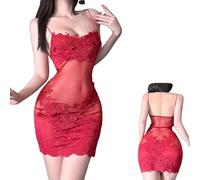 Genérico Solid Color Lace Sexy Nightgown with Sheer Robe,Women Sexy V-Neck Floral Mini Slip Dress,Elegant Lace Trim Mesh Sleep Dress (Red, L)