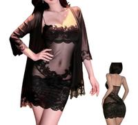 Genérico Solid Color Lace Sexy Nightgown with Sheer Robe,Women Sexy V-Neck Floral Mini Slip Dress,Elegant Lace Trim Mesh Sleep Dress (Black, XL)