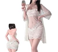 Genérico Solid Color Lace Sexy Nightgown with Sheer Robe,Women Sexy V-Neck Floral Mini Slip Dress,Elegant Lace Trim Mesh Sleep Dress (White, XL)