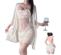 Genérico Solid Color Lace Sexy Nightgown with Sheer Robe,Women Sexy V Neck Soft Floral Lingerie Slip Dress,Lace Trim Mesh Sleepwear (White, L)