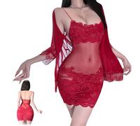 Genérico Solid Color Lace Sexy Nightgown with Sheer Robe,Women Sexy V Neck Soft Floral Lingerie Slip Dress,Lace Trim Mesh Sleepwear (Red, M)