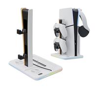Genérico Soporte vertical consola para PS5 Slim, base de refrigeración con luz ambiental RGB Gamepad Doble base de carga con colgador de auriculares para PS5 Slim Host