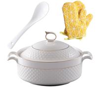Genérico Soup Tureen Ceramic,1.5L Round Bowl with Gold Border Double Handle,Large Capacity Ceramic Serving Soup Bowl with Lid and Spoon Set for Pasta