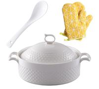 Genérico Soup Tureen Ceramic,1.5L Round Bowl with Gold Border Double Handle,Large Capacity Ceramic Serving Soup Bowl with Lid and Spoon Set for Pasta